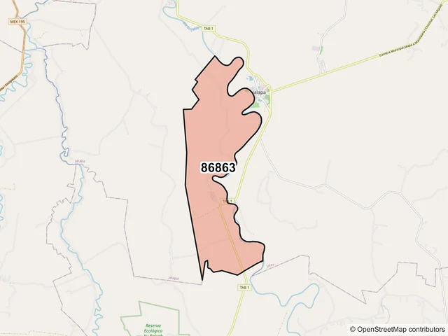 Mapa del código postal 86863, Jalapa, Tabasco