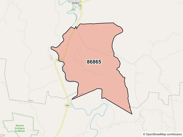 Mapa del código postal 86865, Jalapa, Tabasco