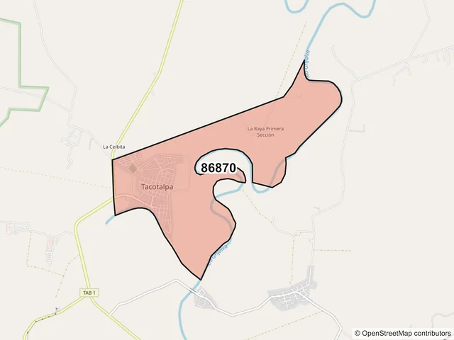 Mapa del código postal 86870, Tacotalpa, Tabasco