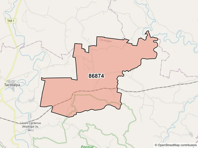 Mapa del código postal 86874, Tacotalpa, Tabasco