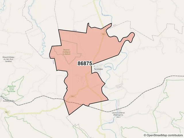 Mapa del código postal 86875, Tacotalpa, Tabasco