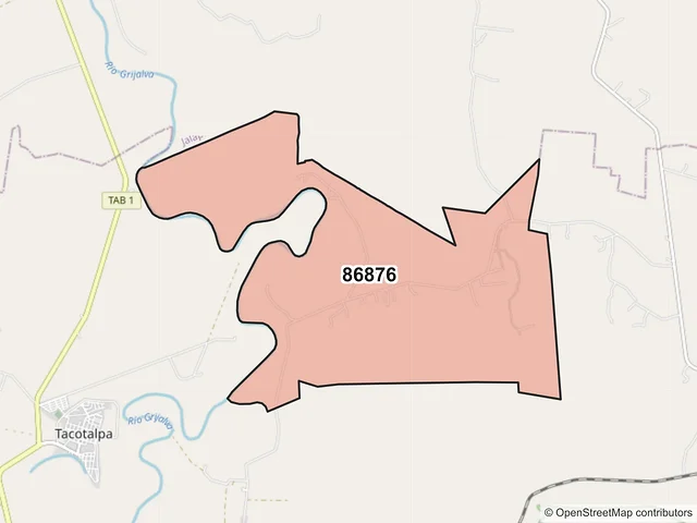 Mapa del código postal 86876, Tacotalpa, Tabasco