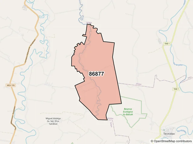 Mapa del código postal 86877, Tacotalpa, Tabasco