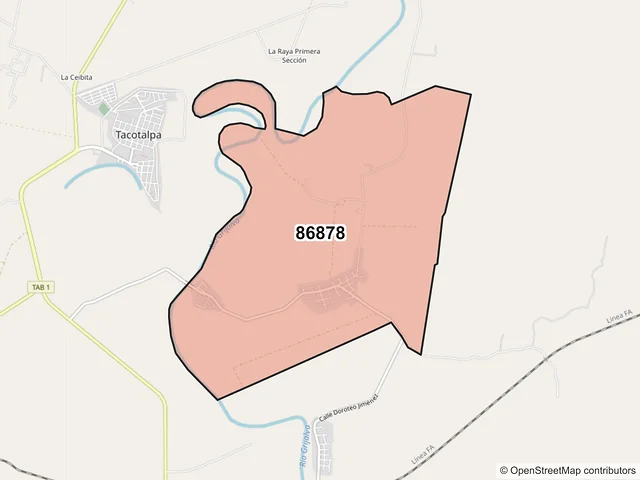 Mapa del código postal 86878, Tacotalpa, Tabasco