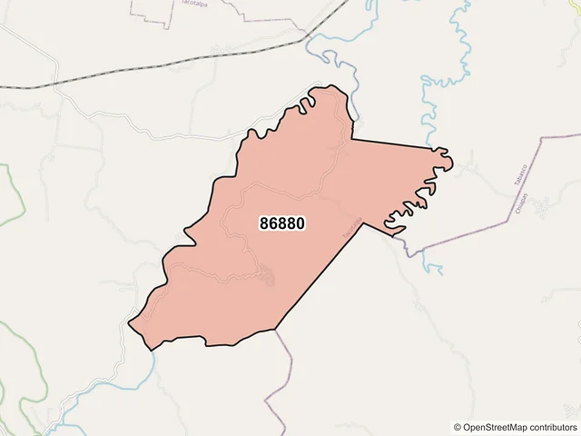 Mapa del código postal 86880, Tacotalpa, Tabasco