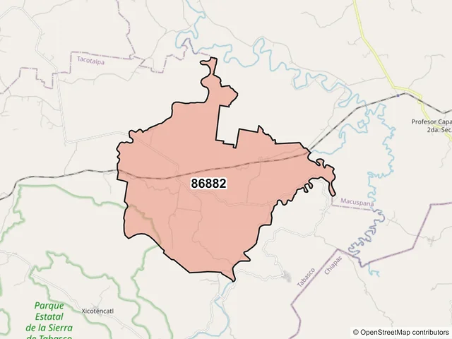 Mapa del código postal 86882, Tacotalpa, Tabasco