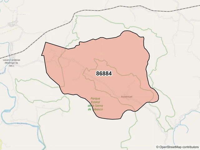 Mapa del código postal 86884, Tacotalpa, Tabasco