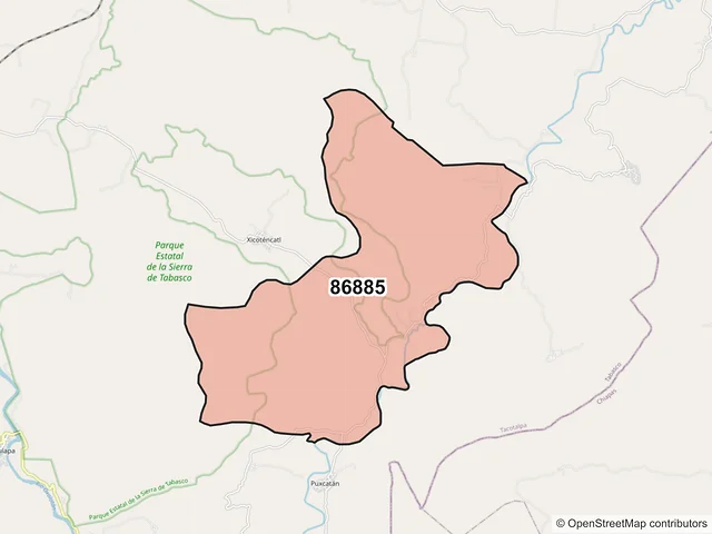 Mapa del código postal 86885, Tacotalpa, Tabasco