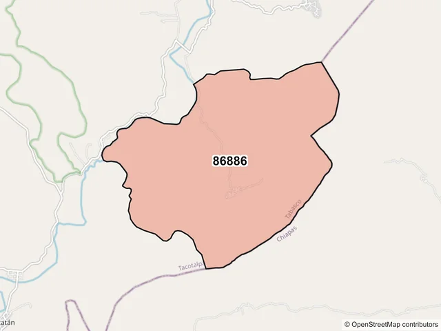 Mapa del código postal 86886, Tacotalpa, Tabasco