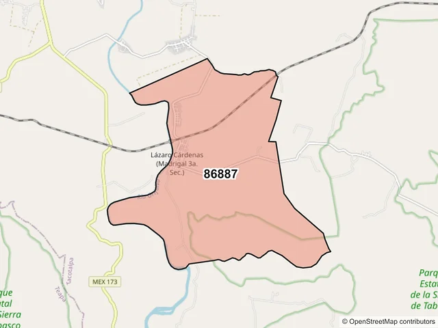 Mapa del código postal 86887, Tacotalpa, Tabasco