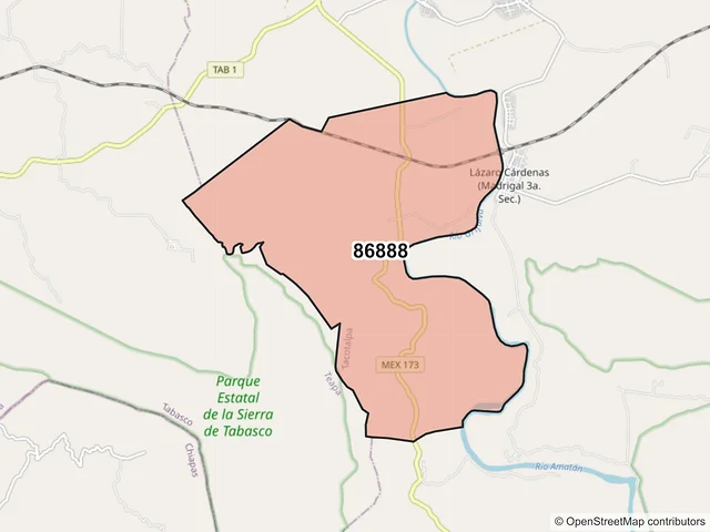 Mapa del código postal 86888, Tacotalpa, Tabasco