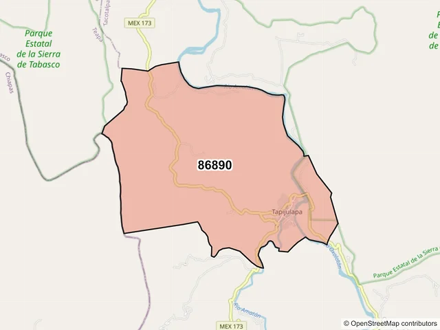 Mapa del código postal 86890, Tacotalpa, Tabasco