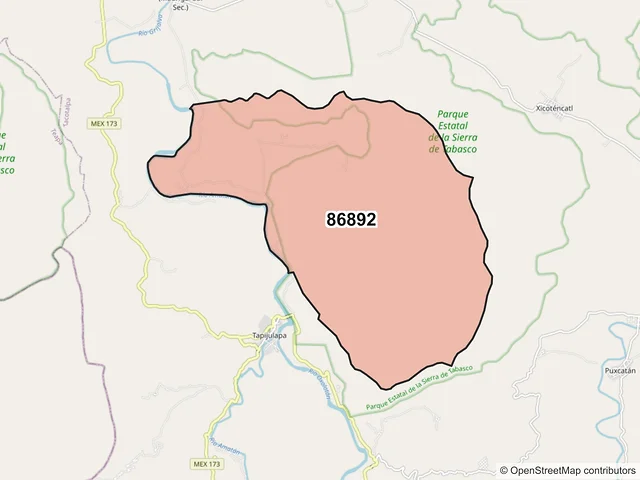 Mapa del código postal 86892, Tacotalpa, Tabasco