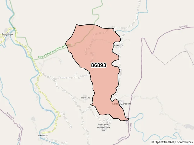 Mapa del código postal 86893, Tacotalpa, Tabasco