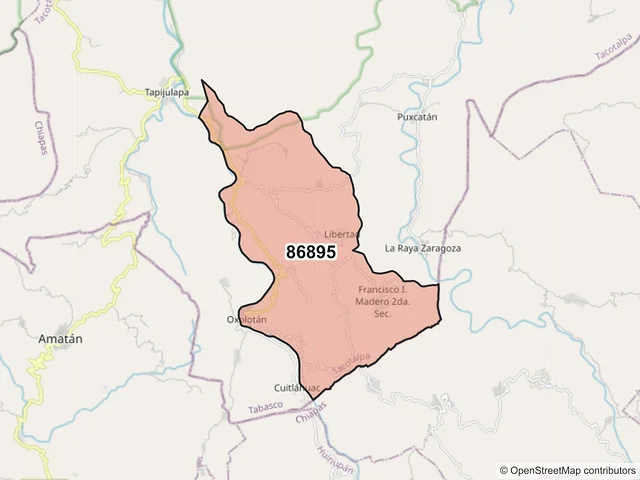 Mapa del código postal 86895, Tacotalpa, Tabasco
