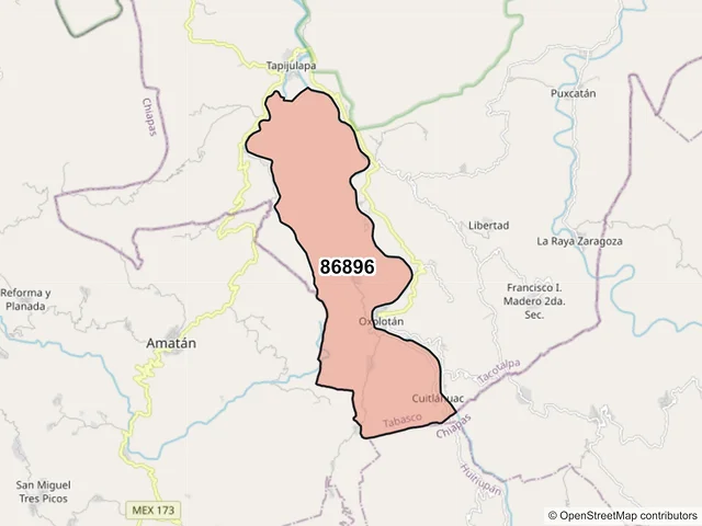 Mapa del código postal 86896, Tacotalpa, Tabasco