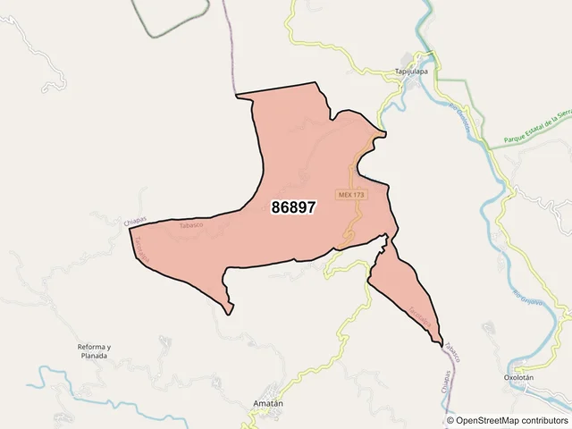 Mapa del código postal 86897, Tacotalpa, Tabasco