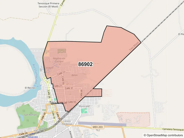 Mapa del código postal 86902, Tenosique, Tabasco
