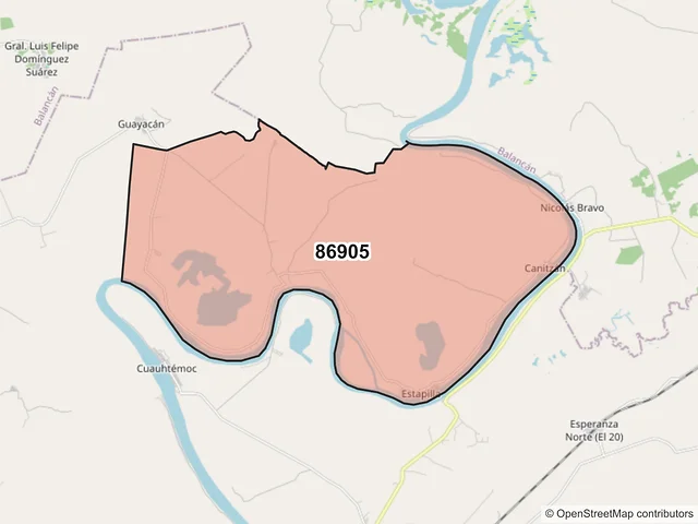 Mapa del código postal 86905, Tenosique, Tabasco