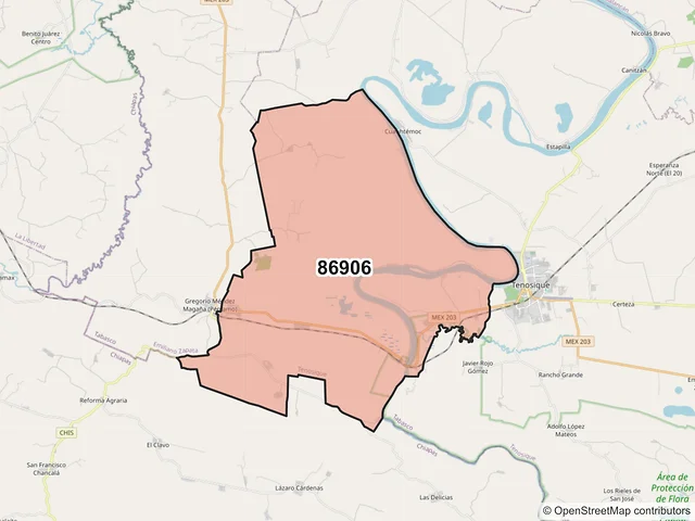 Mapa del código postal 86906, Tenosique, Tabasco