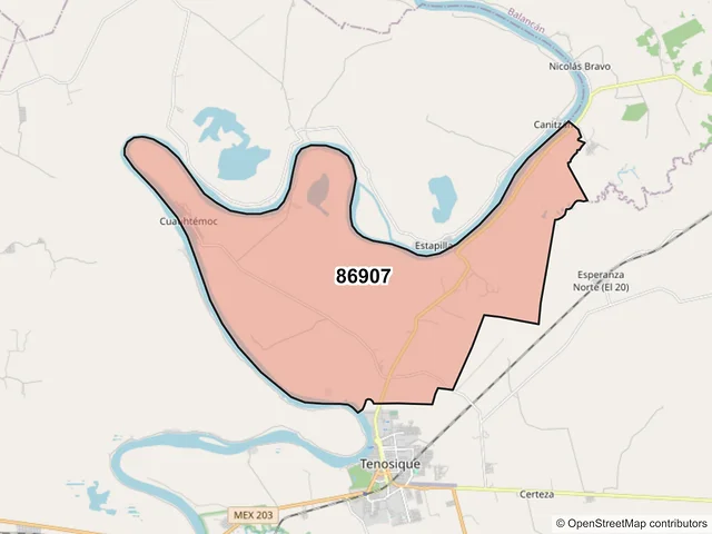 Mapa del código postal 86907, Tenosique, Tabasco