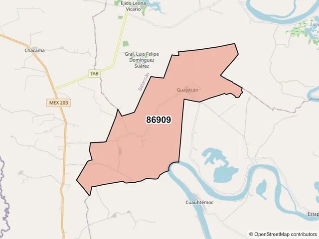 Mapa del código postal 86909, Tenosique, Tabasco
