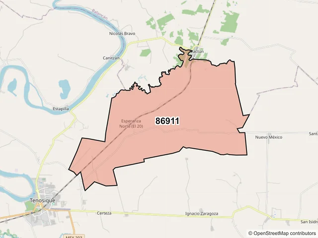 Mapa del código postal 86911, Tenosique, Tabasco