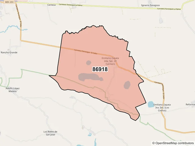 Mapa del código postal 86918, Tenosique, Tabasco