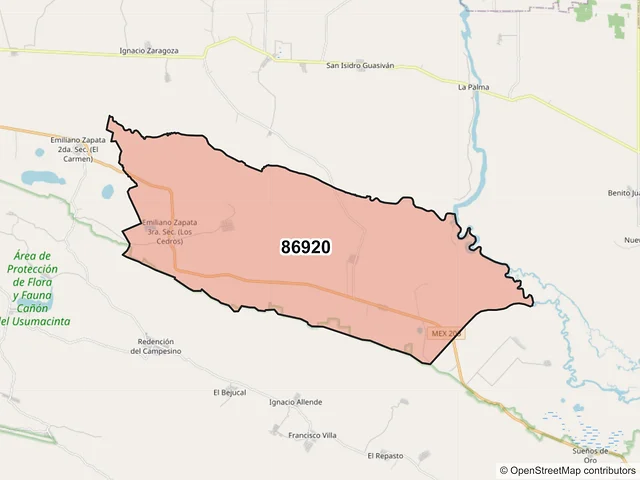 Mapa del código postal 86920, Tenosique, Tabasco