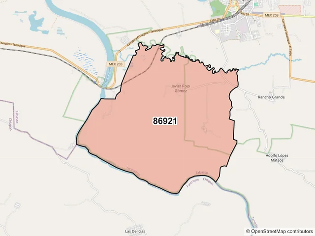 Mapa del código postal 86921, Tenosique, Tabasco
