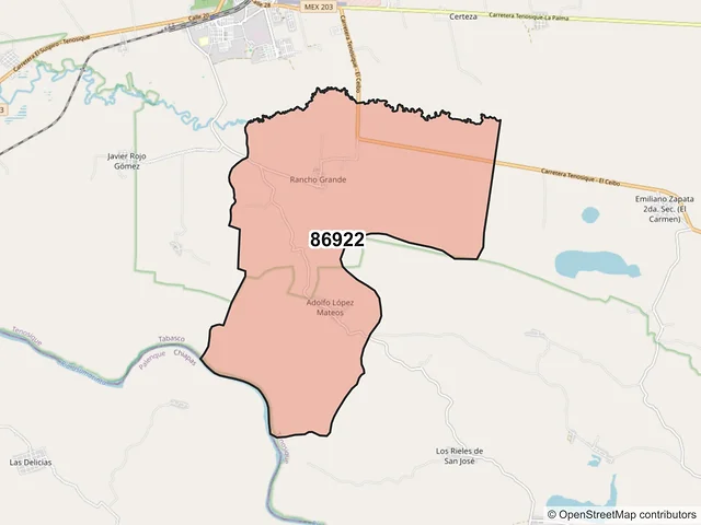 Mapa del código postal 86922, Tenosique, Tabasco
