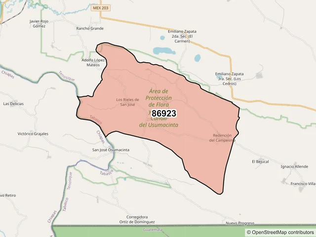 Mapa del código postal 86923, Tenosique, Tabasco