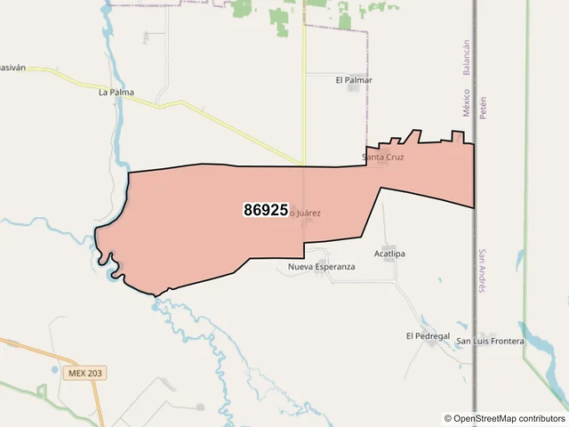 Mapa del código postal 86925, Tenosique, Tabasco