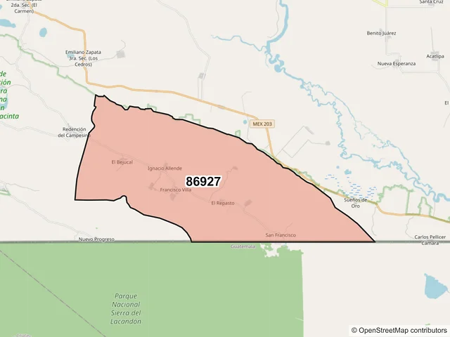Mapa del código postal 86927, Tenosique, Tabasco