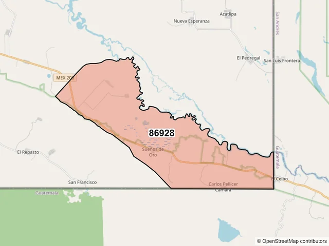Mapa del código postal 86928, Tenosique, Tabasco