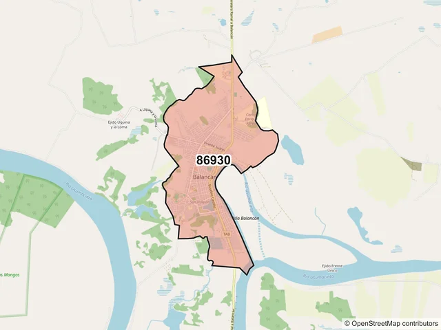 Mapa del código postal 86930, Balancán, Tabasco