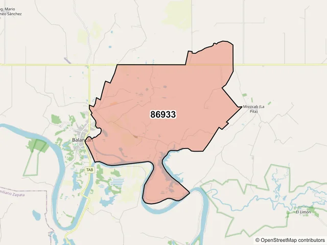 Mapa del código postal 86933, Balancán, Tabasco