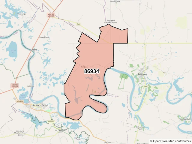 Mapa del código postal 86934, Balancán, Tabasco