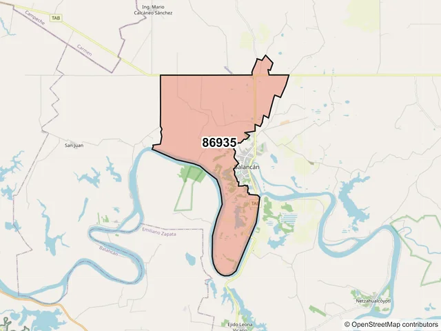 Mapa del código postal 86935, Balancán, Tabasco
