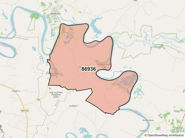 Mapa del código postal 86936, Balancán, Tabasco