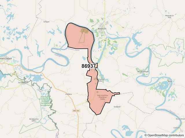 Mapa del código postal 86937, Balancán, Tabasco