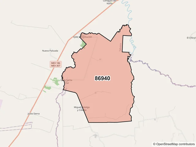Mapa del código postal 86940, Balancán, Tabasco