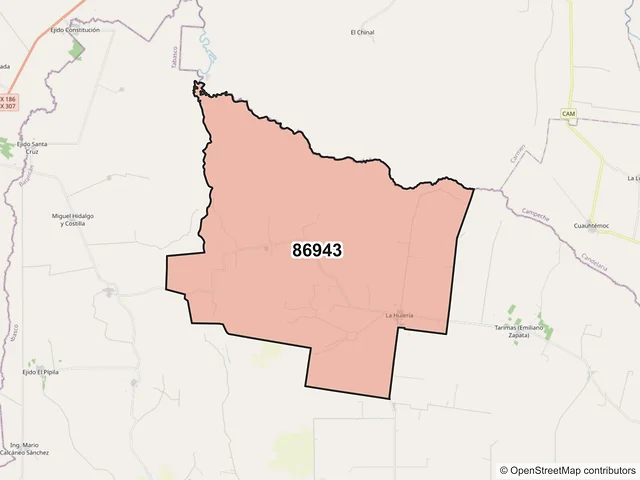 Mapa del código postal 86943, Balancán, Tabasco