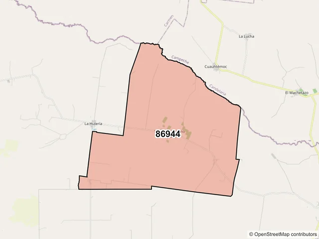 Mapa del código postal 86944, Balancán, Tabasco
