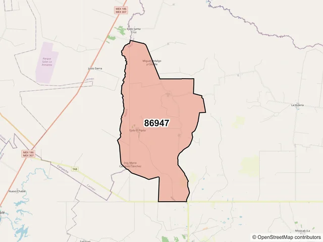 Mapa del código postal 86947, Balancán, Tabasco