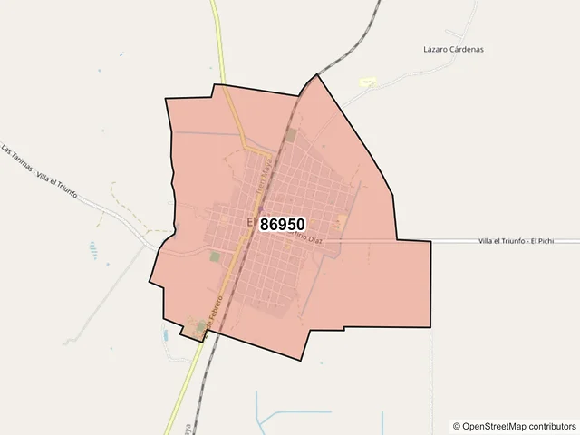 Mapa del código postal 86950, Balancán, Tabasco