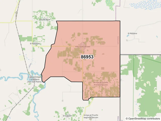 Mapa del código postal 86953, Balancán, Tabasco