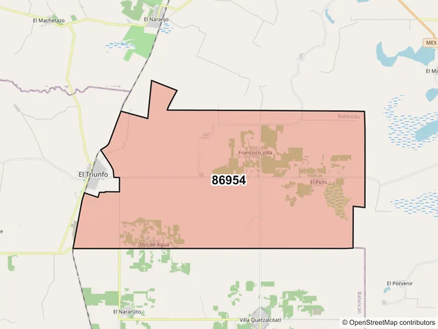 Mapa del código postal 86954, Balancán, Tabasco