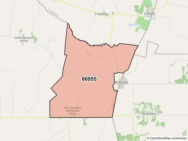 Mapa del código postal 86955, Balancán, Tabasco