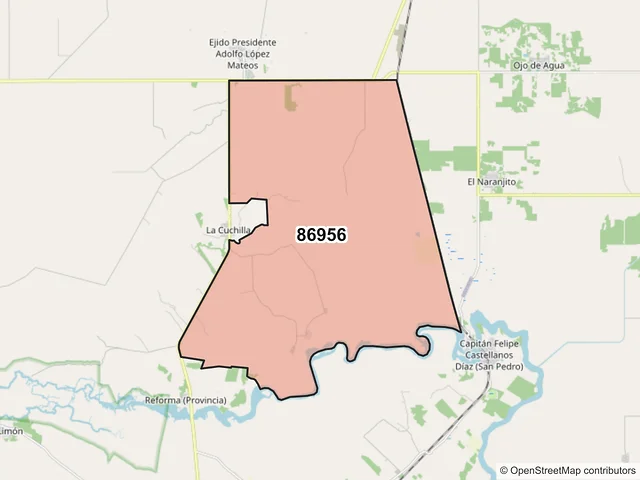 Mapa del código postal 86956, Balancán, Tabasco